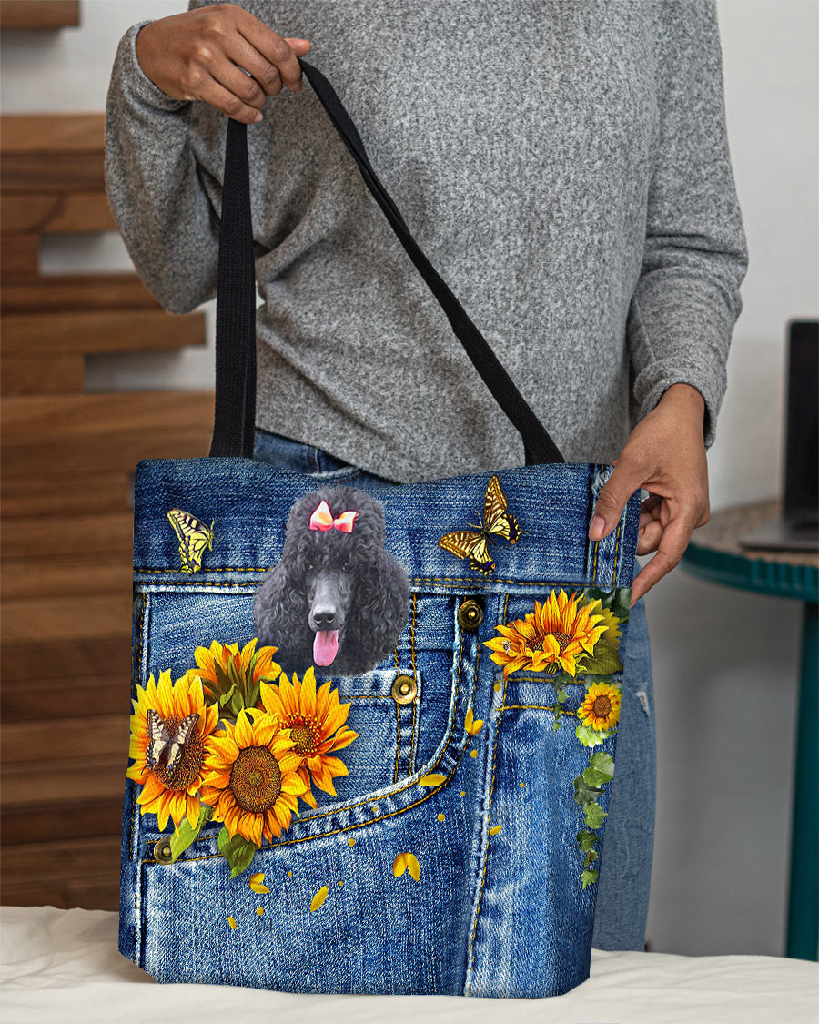 Black Poodle-Sunflowers &amp; Butterflies Cloth Tote Bag