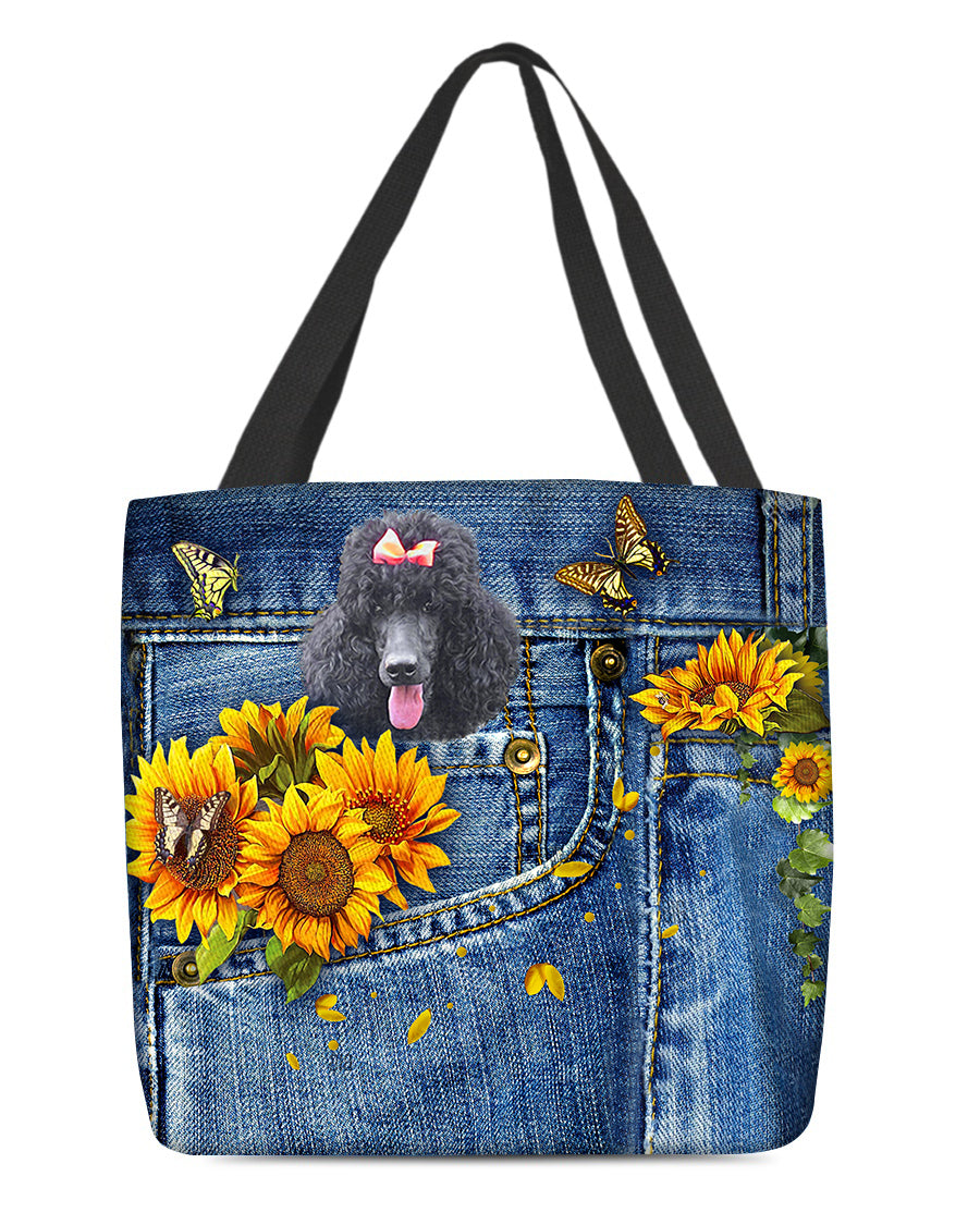 Black Poodle-Sunflowers &amp; Butterflies Cloth Tote Bag