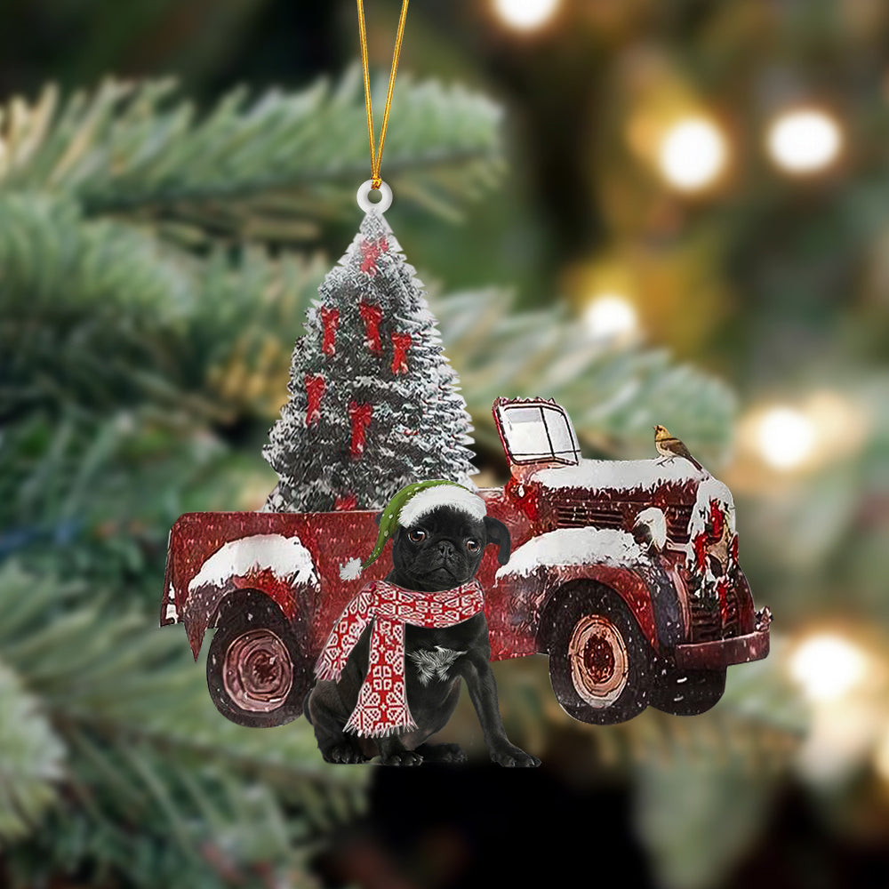 Black Pug-Christmas Truck Two Sided Ornament