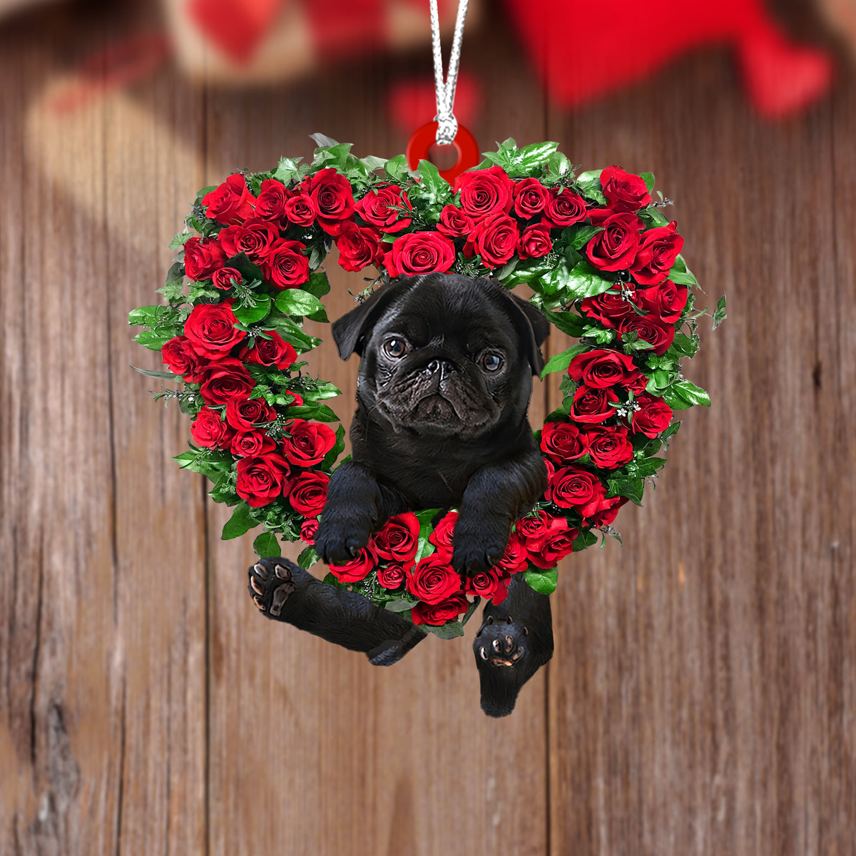Black Pug-Heart Wreath Two Sides Ornament