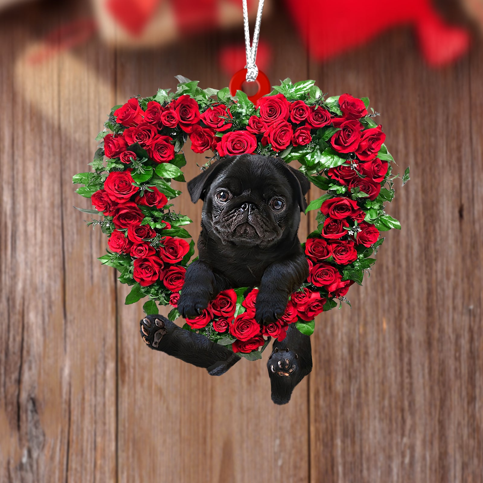 Black Pug-Heart Wreath Two Sides Ornament