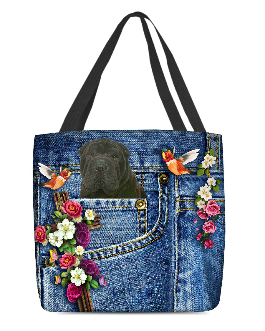 Black Shar Pei-Cardinal &amp; Cross Flower Cloth Tote Bag