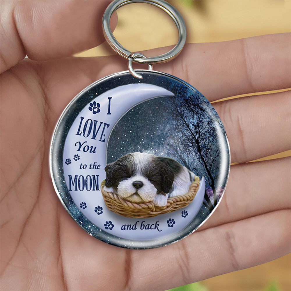 Black white shih tzu Moon Back-Round Resin Epoxy Metal Keychain