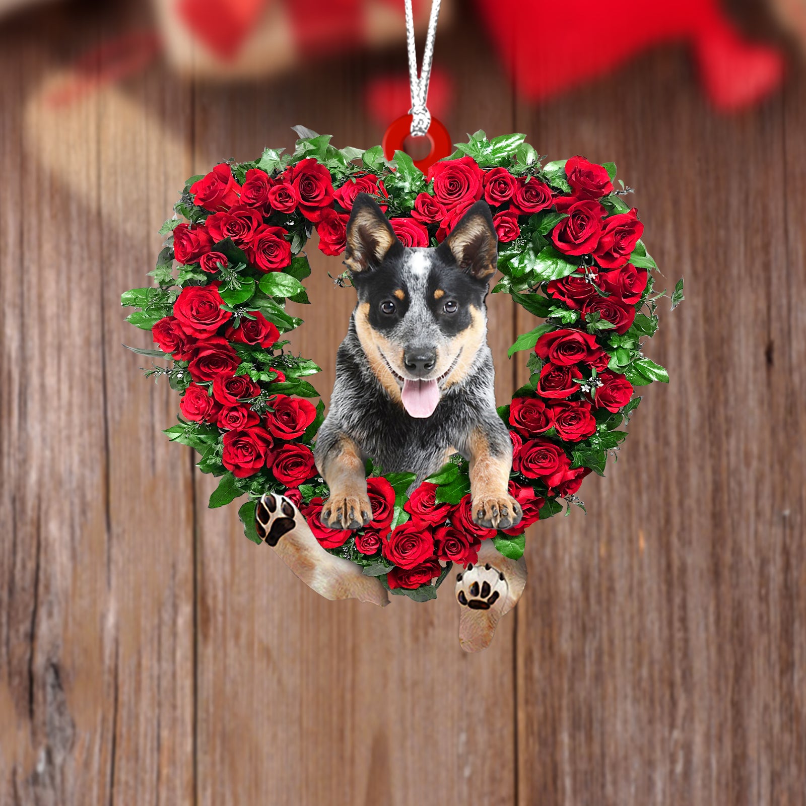 Blue Heeler 3-Heart Wreath Two Sides Ornament