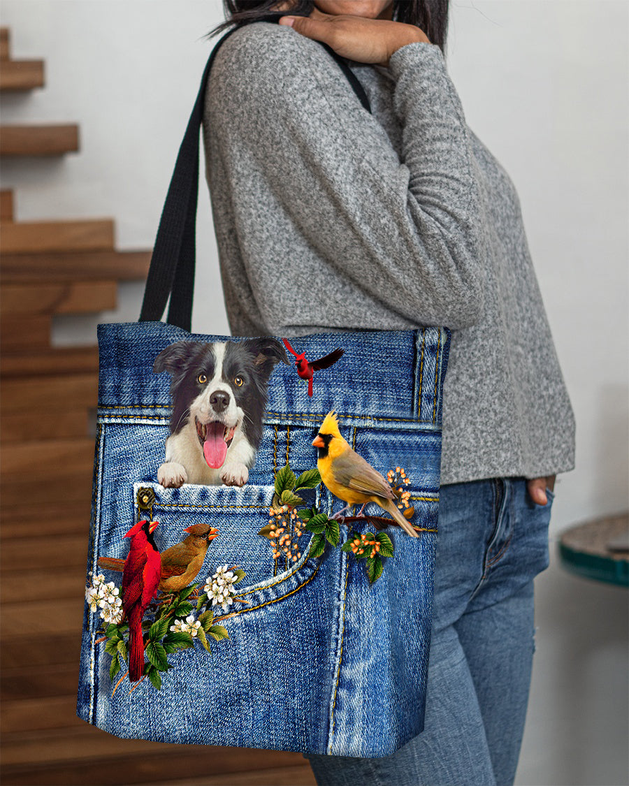 Border Collie-Cardinal &amp; Dog Cloth Tote Bag
