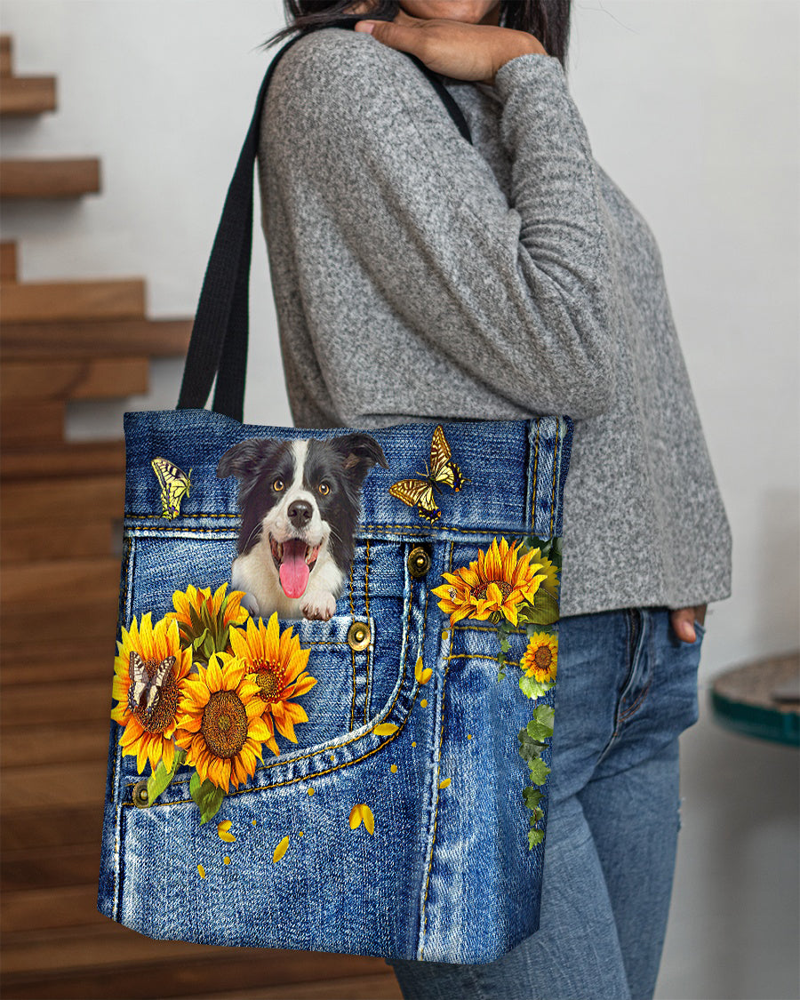 Border collie-Sunflowers &amp; Butterflies Cloth Tote Bag