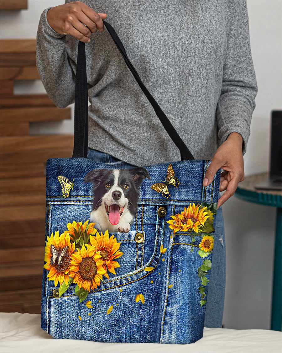 Border collie-Sunflowers &amp; Butterflies Cloth Tote Bag