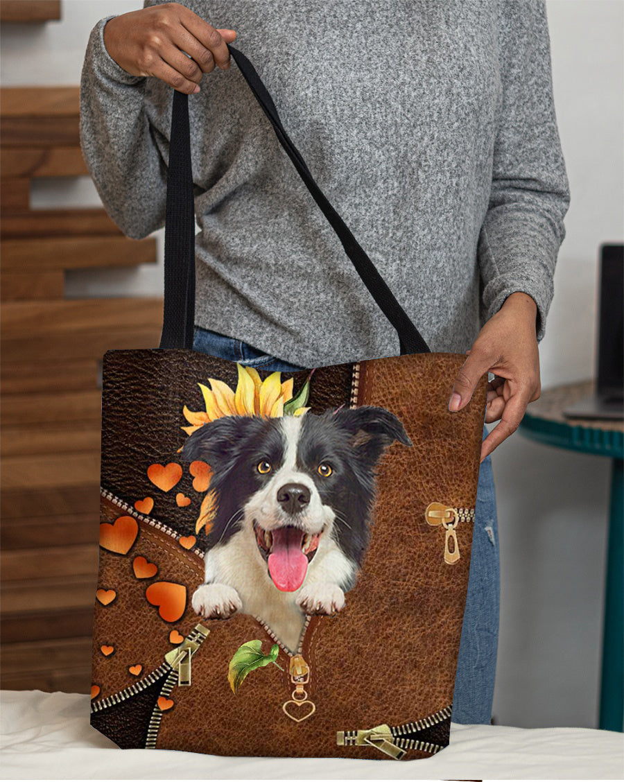 Border collie-Sunflower&amp;zipper Cloth Tote Bag