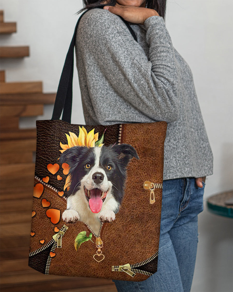 Border collie-Sunflower&amp;zipper Cloth Tote Bag
