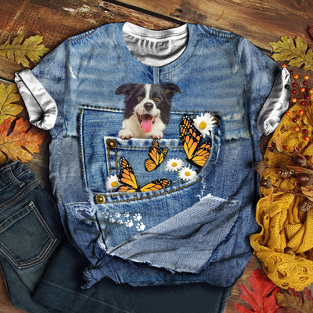 Border collie   Butterfly Daisies T-shirt