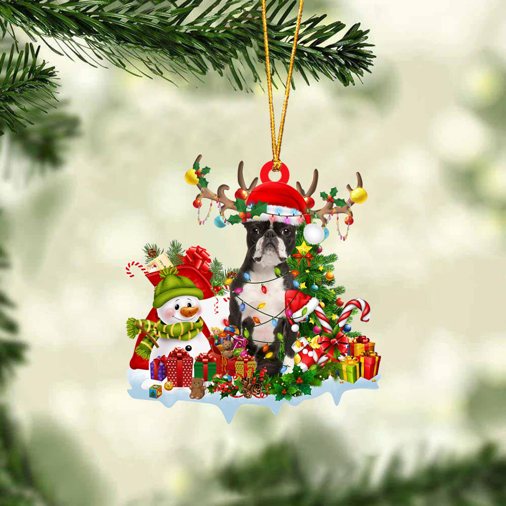 Boston Terrier-Elk &amp; Snowman-Two Sided Ornament