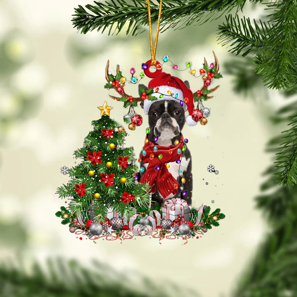 Boston Terrier-Reindeer Christmas-Two Sided Ornament