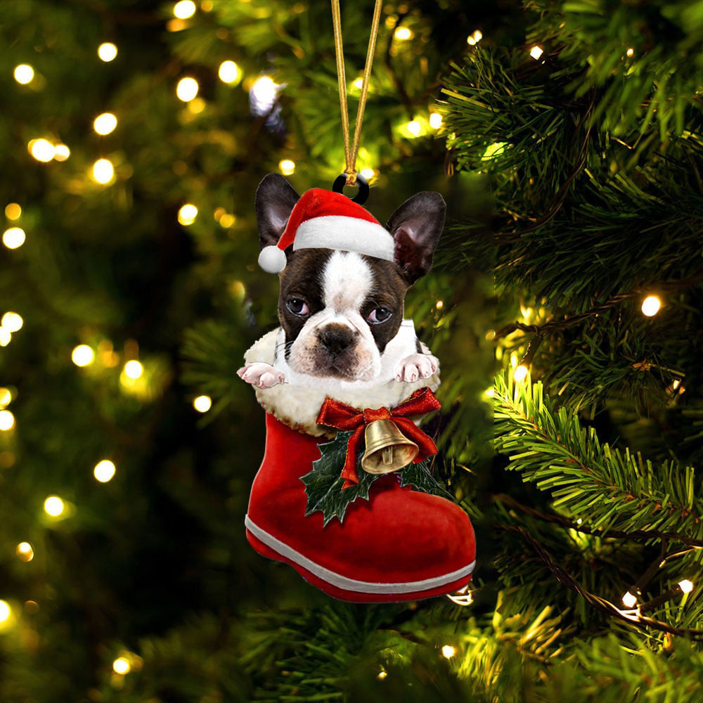 Boston Terrier (2)-1-In Santa Boot Christmas-Two Sided Ornament