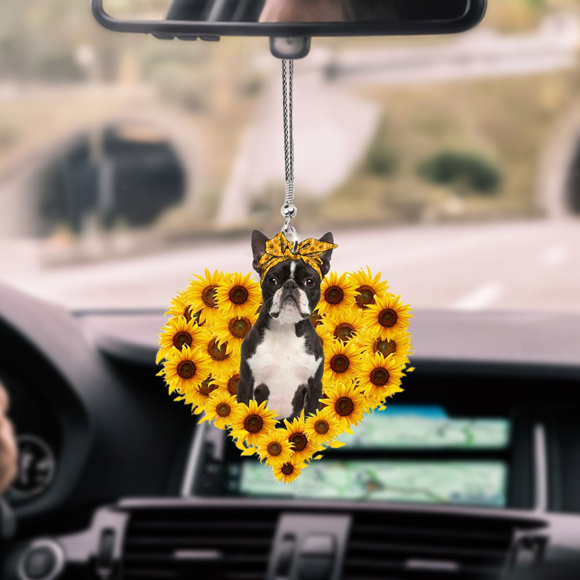 Boston Terrier-Sunflower Heart gift Car Ornament