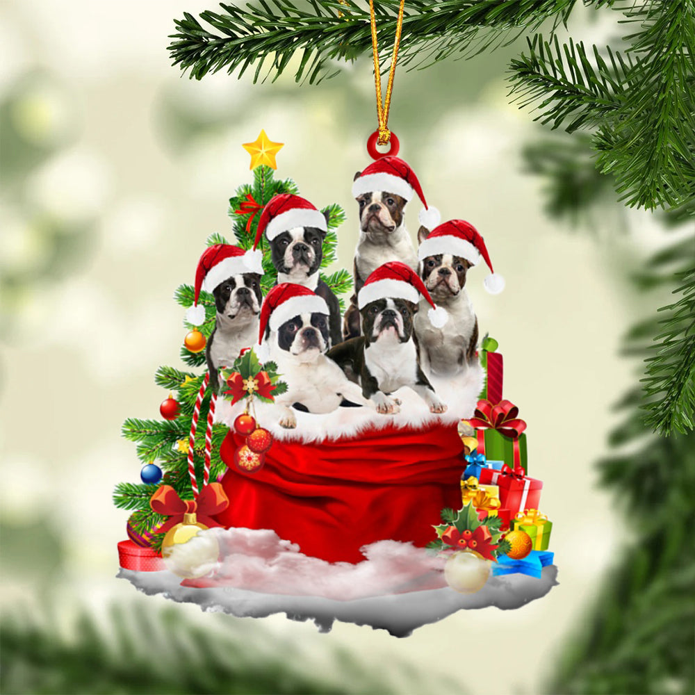 Boston Terrier-Christmas Bag&amp;Dogs-Two Sided Ornament