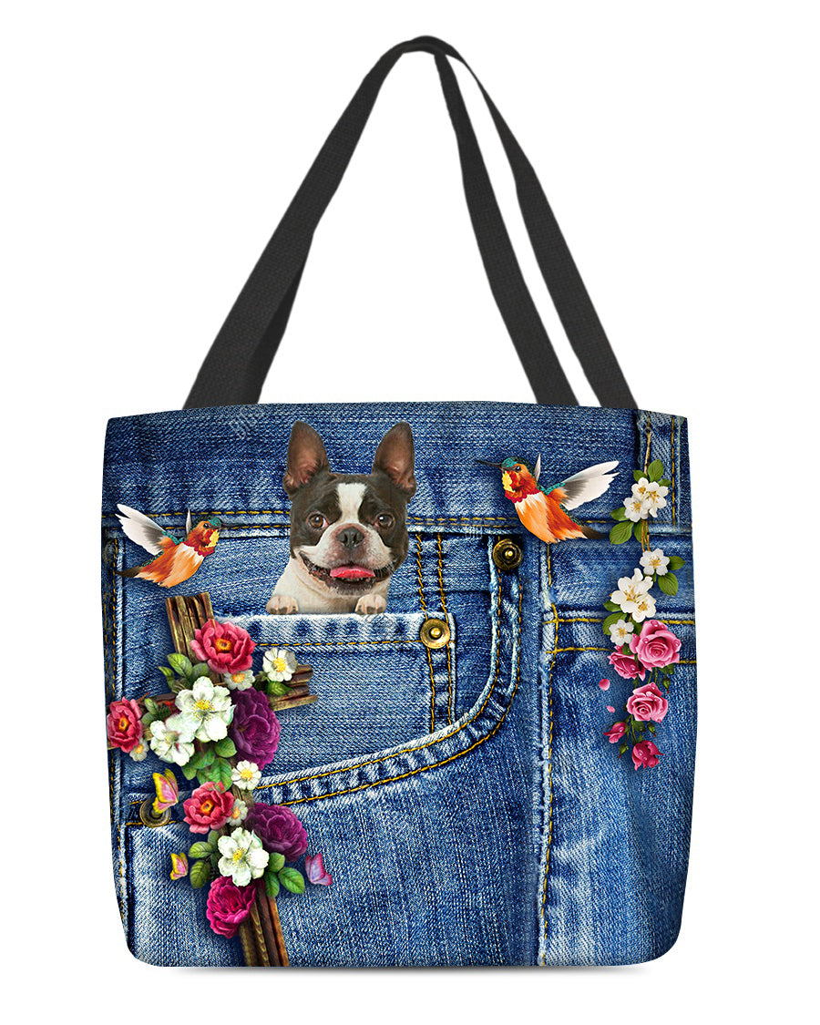 Boston Terrier-Cardinal &amp; Cross Flower Cloth Tote Bag