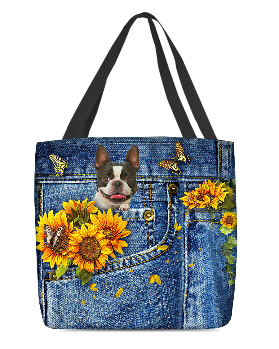 Boston Terrier-Sunflowers &amp; Butterflies Cloth Tote Bag