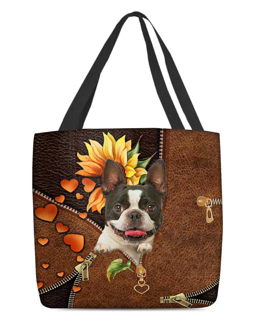 Boston terrier-Sunflower&amp;zipper Cloth Tote Bag