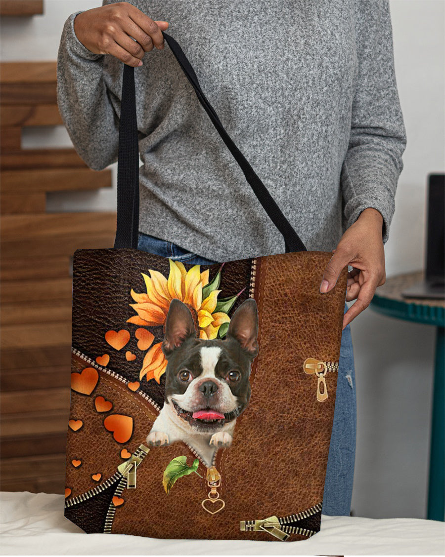 Boston terrier-Sunflower&amp;zipper Cloth Tote Bag