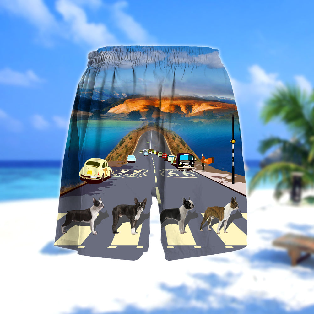 Boston terrier Cross the road- Men Hawaii Beach Shorts