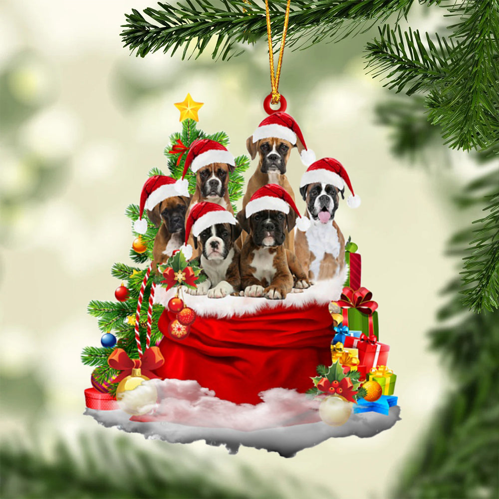 Boxer-Christmas Bag&amp;Dogs-Two Sided Ornament