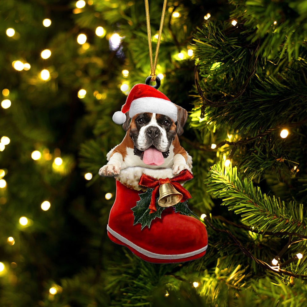 Boxer-In Santa Boot Christmas-Two Sided Ornament