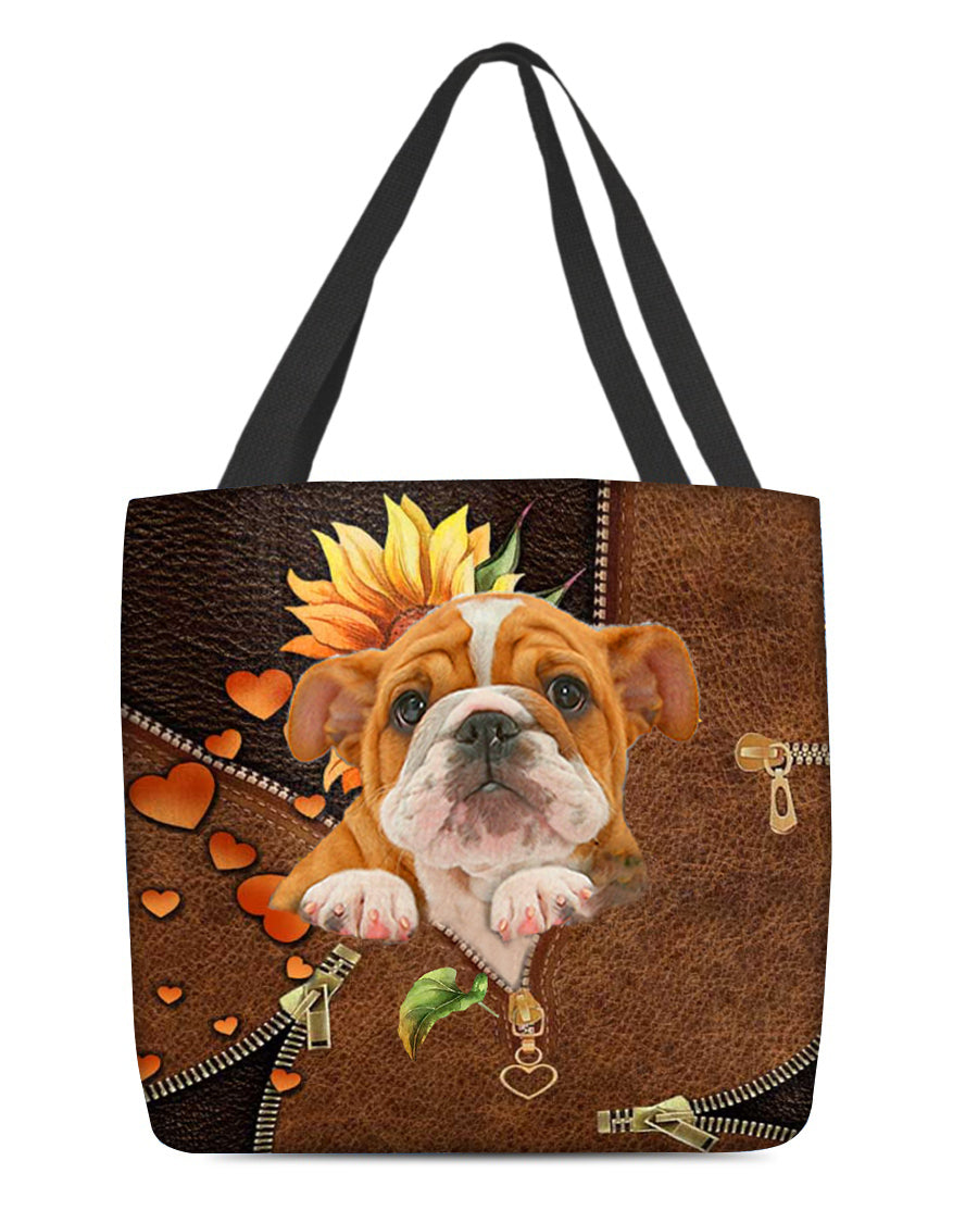Bulldog-Sunflower&amp;zipper Cloth Tote Bag