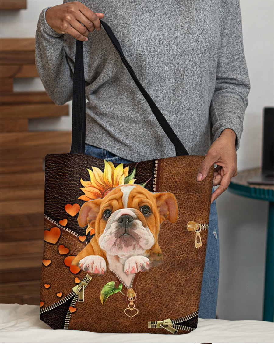 Bulldog-Sunflower&amp;zipper Cloth Tote Bag