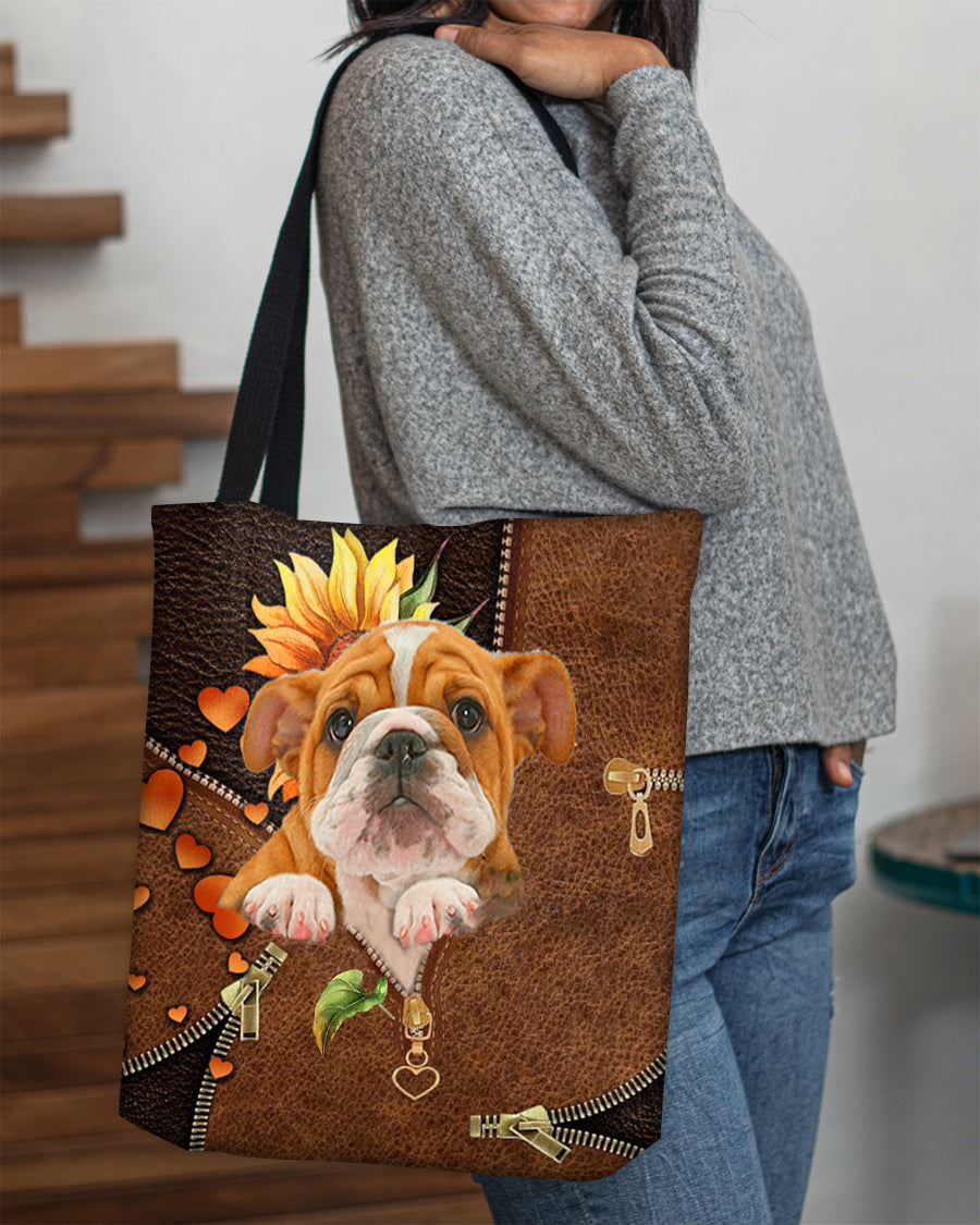 Bulldog-Sunflower&amp;zipper Cloth Tote Bag