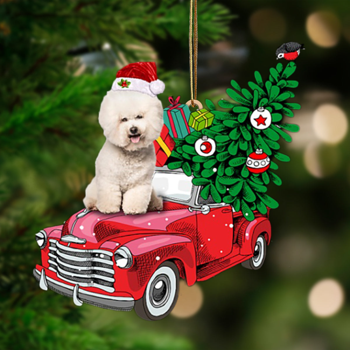 CREAM Bichon Frise-Pine Truck Hanging Ornament