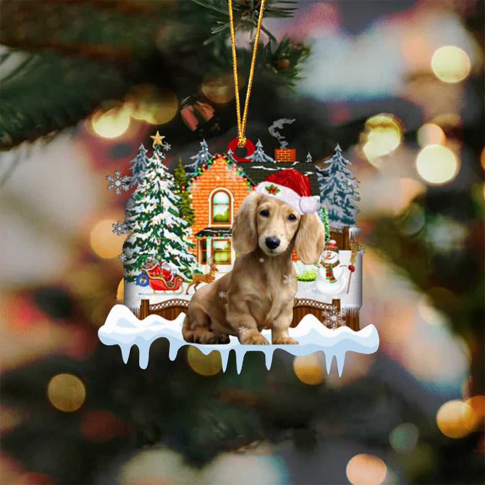 CREAM Long Haired Dachshund-Xmas House-Two Sided Ornament