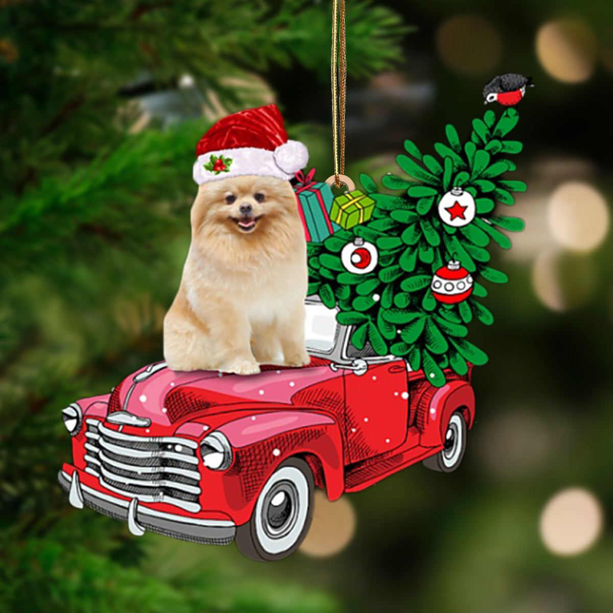 CREAM Pomeranian-Pine Truck Hanging Ornament