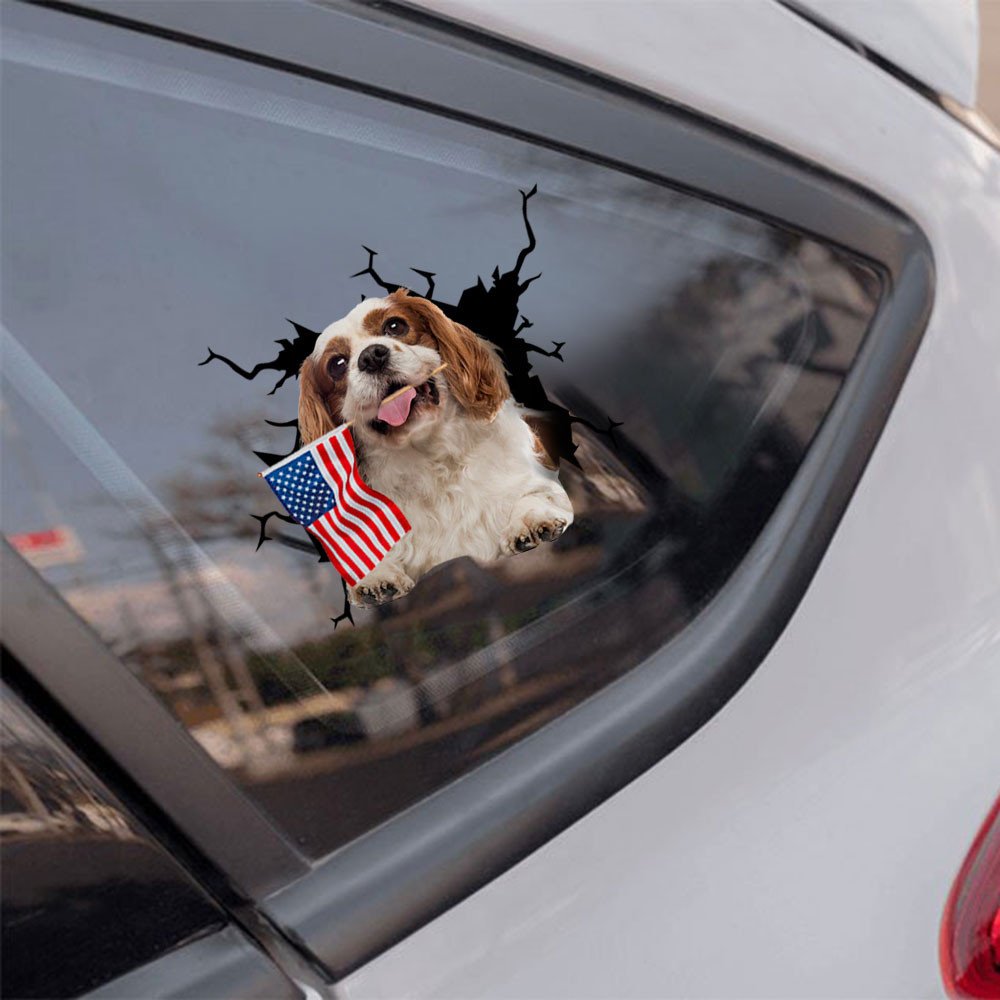 Cavalier King Charles Spaniel And American Flag Independent Day Car Sticker Decal