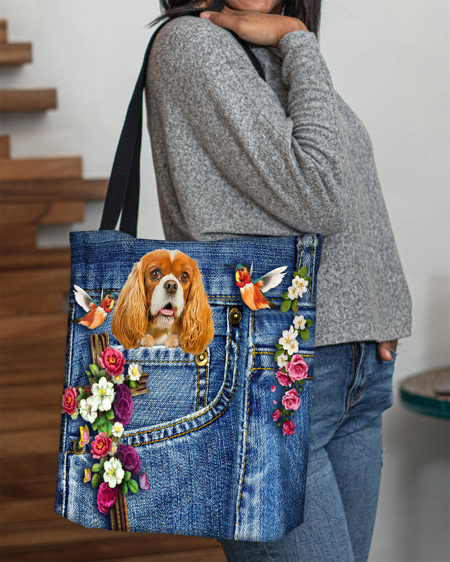 Cavalier King Spaniel-Cardinal &amp; Cross Flower Cloth Tote Bag