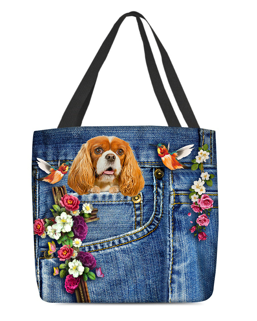 Cavalier King Spaniel-Cardinal &amp; Cross Flower Cloth Tote Bag