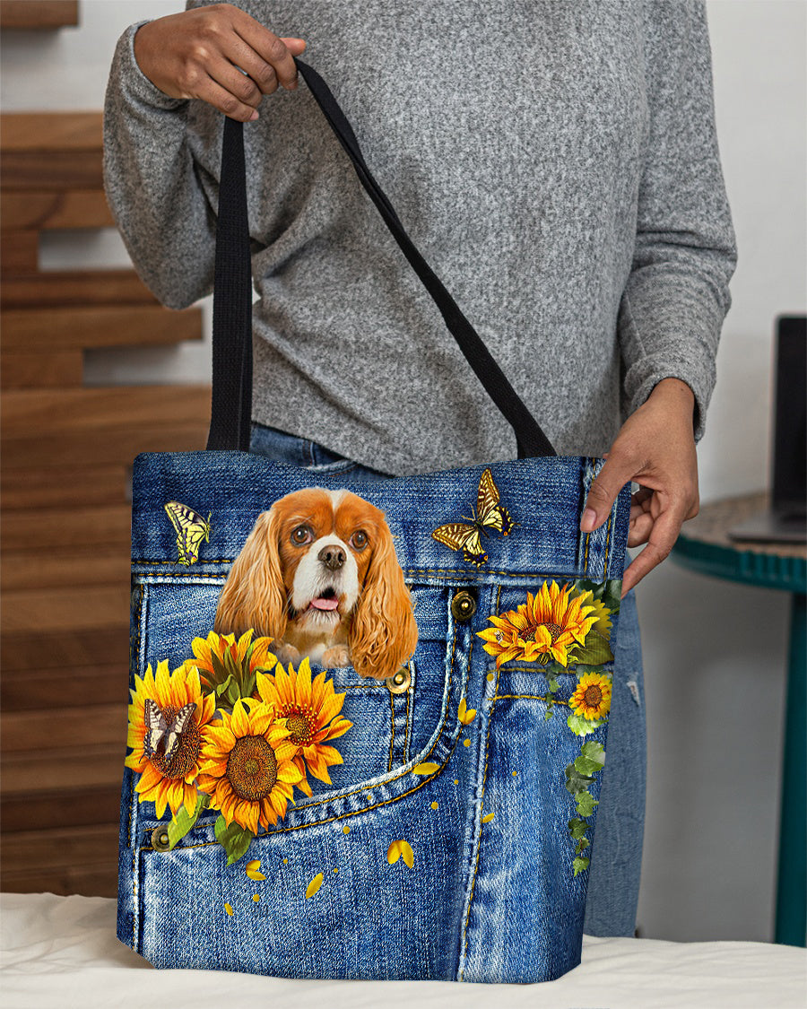 Cavalier King Spaniel-Sunflowers &amp; Butterflies Cloth Tote Bag