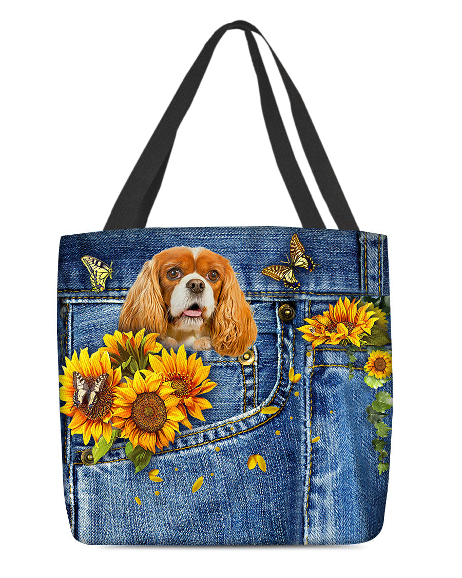 Cavalier King Spaniel-Sunflowers &amp; Butterflies Cloth Tote Bag