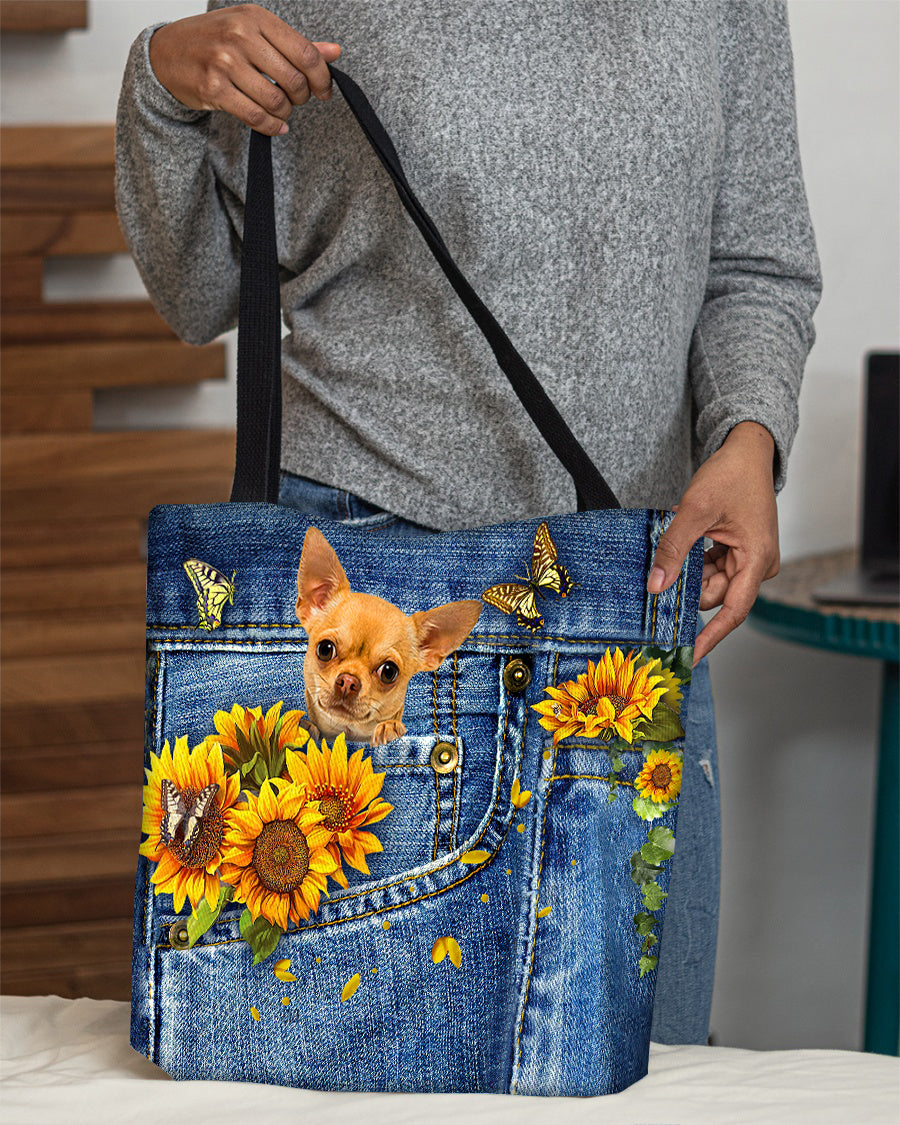 Chihuahua-Sunflowers &amp; Butterflies Cloth Tote Bag