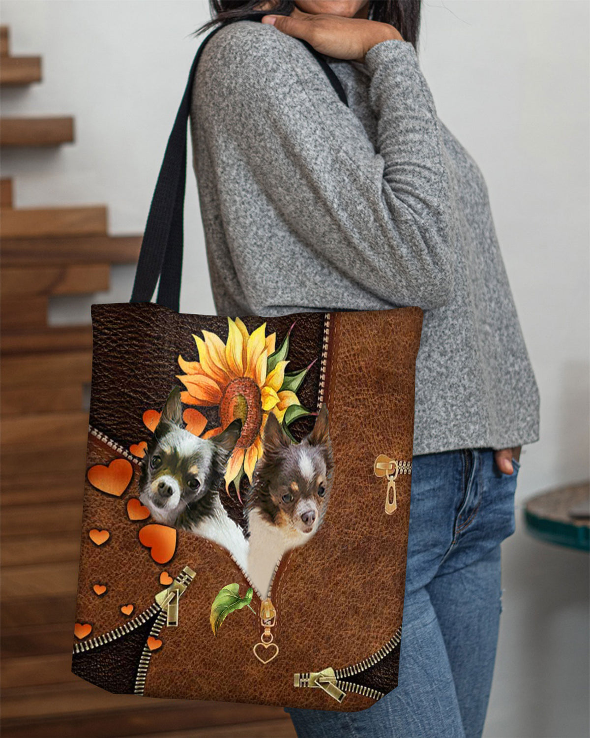Chihuahua 2-Sunflower&amp;zipper Cloth Tote Bag
