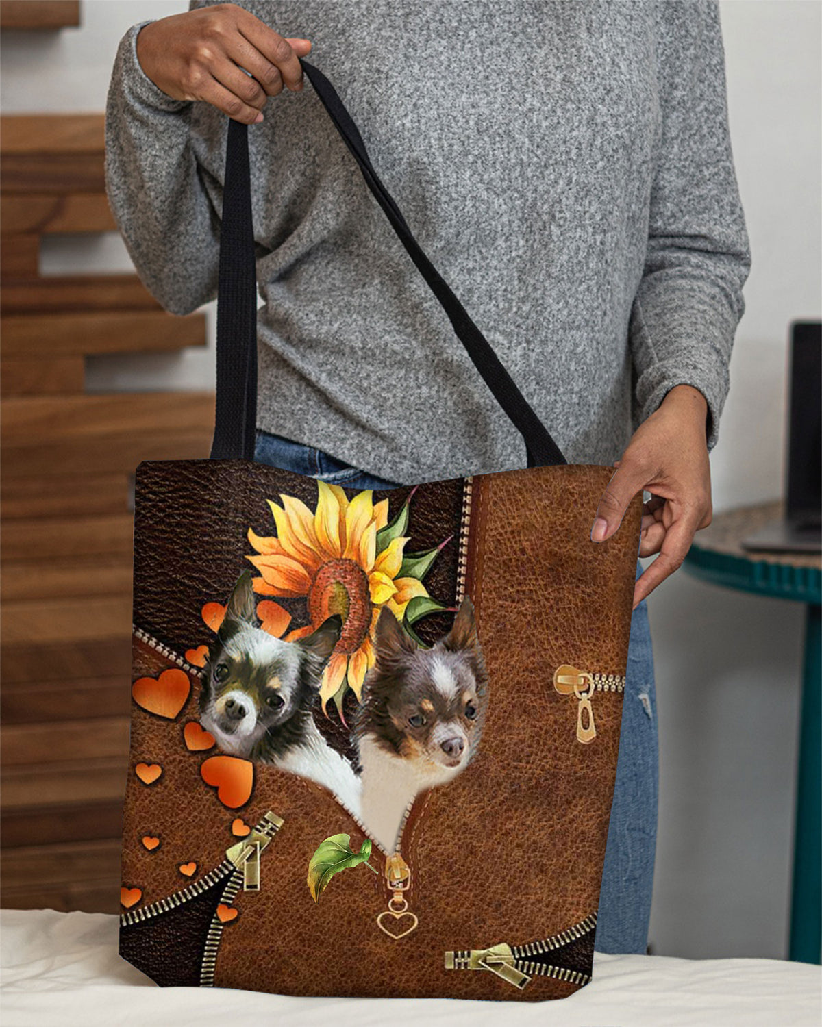 Chihuahua 2-Sunflower&amp;zipper Cloth Tote Bag