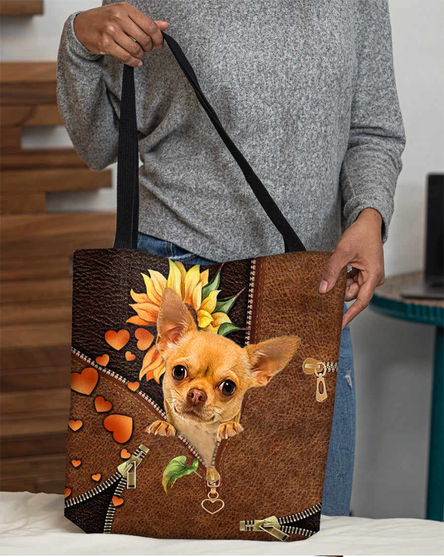 Chihuahua-Sunflower&amp;zipper Cloth Tote Bag