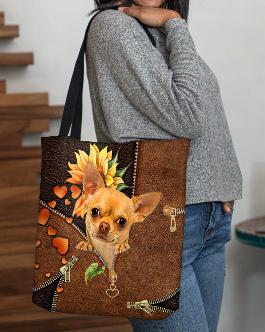 Chihuahua-Sunflower&amp;zipper Cloth Tote Bag
