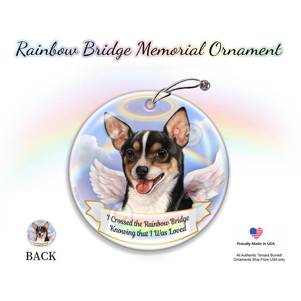 Rainbow Bridge Memorial-Chihuahua SH Tri Color Porcelain Hanging Ornament