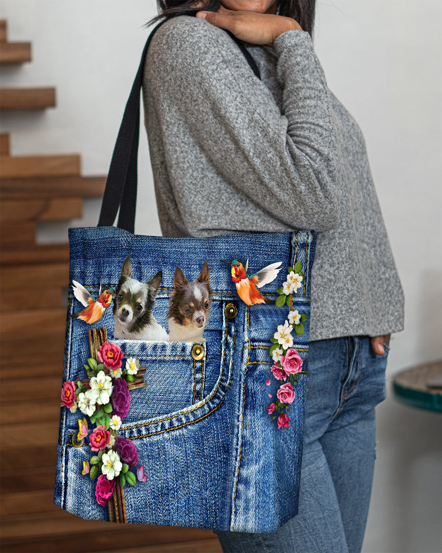 Chihuahua 2-Cardinal &amp; Cross Flower Cloth Tote Bag