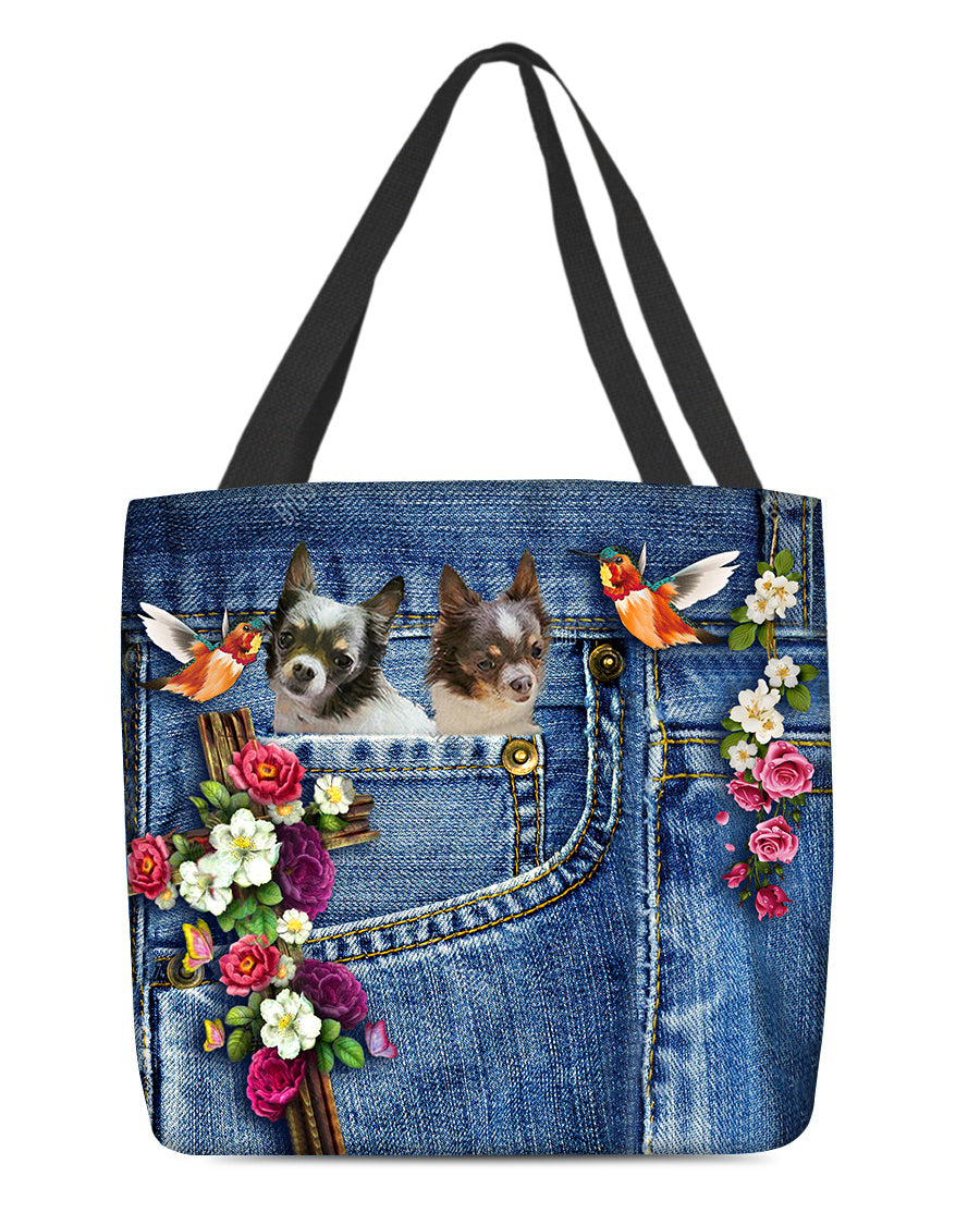 Chihuahua 2-Cardinal &amp; Cross Flower Cloth Tote Bag