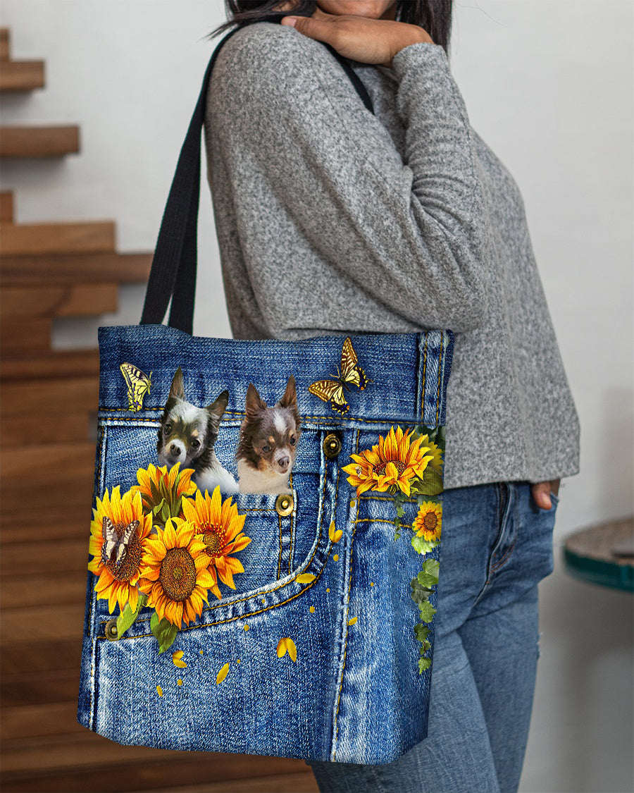 Chihuahua 2-Sunflowers &amp; Butterflies Cloth Tote Bag