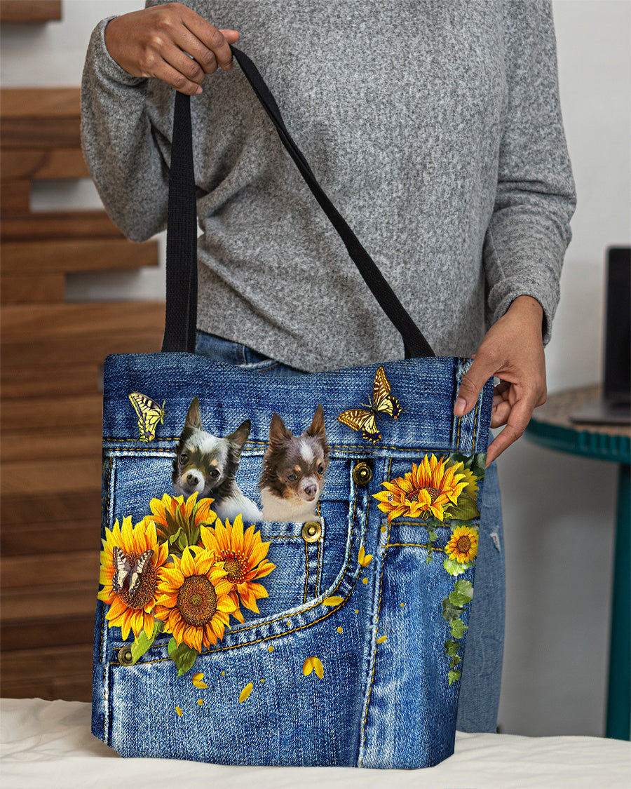 Chihuahua 2-Sunflowers &amp; Butterflies Cloth Tote Bag