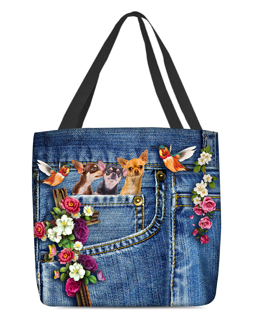 Chihuahua 3-Cardinal &amp; Cross Flower Cloth Tote Bag