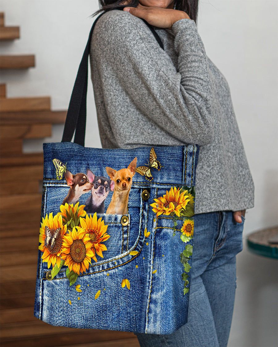 Chihuahua 3-Sunflowers &amp; Butterflies Cloth Tote Bag
