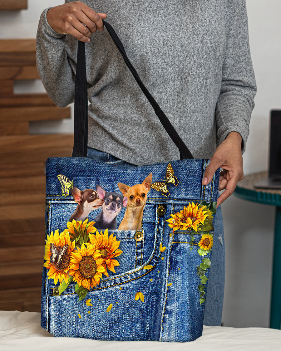 Chihuahua 3-Sunflowers &amp; Butterflies Cloth Tote Bag